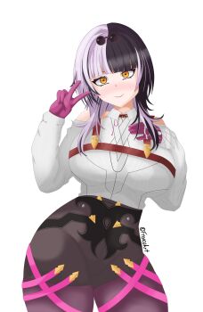 Rule 34 | 1girl, absurdres, black hair, breasts, commentary, cosplay, english commentary, frokuart, grey hair, highres, hololive, hololive english, honkai: star rail, honkai (series), huge breasts, kafka (honkai: star rail), kafka (honkai: star rail) (cosplay), multicolored hair, shiori novella, solo, v, virtual youtuber, white background, yellow eyes