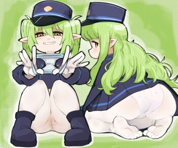 2girls ass blue_archive blue_boots blue_hat blue_shirt blue_skirt boots green_background hat hatsu_(hatsumiilkshake) hikari_(blue_archive) holding holding_panties holding_underwear holding_unworn_clothes kneeling loli long_hair looking_at_viewer looking_back mesugaki multiple_girls no_mouth no_pants nozomi_(blue_archive) panties panties_under_pantyhose pantyhose peaked_cap shirt siblings sisters skirt smile smug teeth twins twintails underwear white_pantyhose yellow_eyes