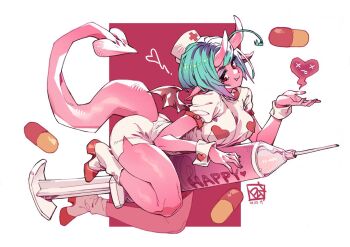 1girl ahoge aqua_hair artist_logo bare_legs breasts closed_mouth colored_skin commentary dated demon_girl demon_horns demon_tail dress english_commentary english_text fang fang_out from_side gradient_hair hand_up hat heart heart_print horns large_breasts lilin_(poch4n) lips logo looking_at_viewer medium_hair mini_wings multicolored_hair nose nurse nurse_cap object_riding original paid_reward_available pill pink_horns pink_nails pink_skin poch4n pointy_ears puffy_short_sleeves puffy_sleeves purple_hair red_background red_eyes red_shoes red_wings shoes short_sleeves smile solo syringe tail thighs tongue tongue_out white_background white_dress white_wrist_cuffs wings wrist_cuffs x_x