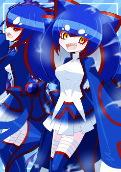 1girl absurdres amairo_zanmei bandaged_leg bandages blue_hair blue_skirt gen_3_pokemon highres kyogre legendary_pokemon nintendo no_nose open_mouth personification pokemon sharp_teeth skirt teeth wide_sleeves yellow_eyes