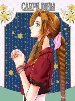 1girl aerith_gainsborough arm_belt blue_background bracelet braid braided_ponytail brown_hair closed_mouth commentary_request dress final_fantasy final_fantasy_vii flower gold_bangle green_eyes hair_ribbon harahara_yuki highres jacket jewelry light_smile lily_(flower) long_hair multiple_bracelets own_hands_clasped own_hands_together parted_bangs pink_dress pink_ribbon profile red_jacket ribbon short_sleeves sidelocks silver_bangle single_braid solo upper_body yellow_flower