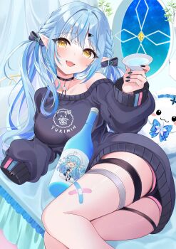 1girl :d alcohol arched_back arm_at_side arm_support bandaid_on_thigh bare_legs black_choker black_eyeliner black_nails black_shorts black_sweater blue_hair blush bottle braid breasts choker collarbone crossed_bandaids cup dot_nose elf eyeliner fangs feet_out_of_frame hair_ornament hair_over_breasts hair_over_one_breast hair_ribbon happy highres holding holding_cup hololive ibuki_sho indoors legs_together long_hair looking_at_viewer low_twintails lying makeup medium_breasts multiple_thigh_straps official_alternate_costume on_bed on_side open_mouth pointy_ears print_sweater raised_inner_eyebrows ribbon ringed_eyes sakazuki sake sake_bottle short_shorts shorts side_braids sidelocks single_bare_shoulder sleeves_past_fingers sleeves_past_wrists smile solo_focus sweater swept_bangs teeth thick_thighs thighs toasting_(gesture) triangle_hair_ornament twintails upper_teeth_only virtual_youtuber window yellow_eyes yukihana_lamy yukihana_lamy_(cyber) yukimin_(yukihana_lamy)
