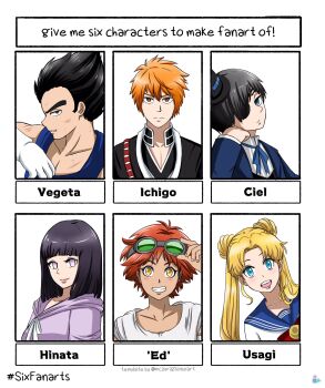 Rule 34 | 3boys, 3girls, artykinasia, bishoujo senshi sailor moon, bleach, blonde hair, blue eyes, blue ribbon, blue sailor collar, blunt bangs, blush stickers, ciel phantomhive, commentary, cowboy bebop, double bun, dragon ball, edward wong hau pepelu tivrusky iv, english commentary, gloves, goggles, goggles on head, hair bun, hat, head rest, highres, hyuuga hinata, kurosaki ichigo, kuroshitsuji, looking at viewer, medium hair, mini hat, multiple boys, multiple drawing challenge, multiple girls, naruto (classic), naruto (series), neck ribbon, orange eyes, orange hair, parted bangs, red hair, ribbon, sailor collar, shirt, short hair, smile, tsukino usagi, twitter username, vegeta, white background, white gloves, white shirt, yellow eyes