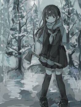 1girl axe bare_tree black_eyes black_hair black_sailor_collar black_serafuku black_shoes black_skirt black_thighhighs blue_mittens blue_neckerchief blue_scarf blunt_bangs fringe_trim full_body highres holding holding_axe loafers long_hair long_sleeves looking_at_viewer mittens muted_color nature neckerchief original outdoors pine_tree pleated_skirt sailor_collar scarf school_uniform serafuku shirt shoes skirt snow solo standing sweatdrop thighhighs tree weapon winter yukitomo_(motcha111)