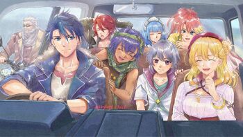 4boys 4girls aaron_wei agnes_claudel ahoge bare_shoulders beard beret bergard_zeman blonde_hair blue_eyes blue_hair blunt_bangs bob_cut bracelet braid bun_with_braided_base car_interior car_seat cleavage_cutout closed_eyes closed_mouth clothing_cutout coat collarbone commentary_request curtained_hair double-parted_bangs driving earrings eiyuu_densetsu facial_hair feri_al-fayed full_beard goggles green_eyes green_scarf grey_hair hair_between_eyes hair_bun hair_slicked_back hat headset high_ponytail highres hime_cut jewelry judith_lanster kai_no_kiseki koyagistock kuro_no_kiseki_(series) long_hair long_sleeves maid_headdress motor_vehicle motorcycle multicolored_hair multiple_boys multiple_girls necklace on_motorcycle open_mouth parted_bangs pink_hair ponytail purple_eyes quatre_salision rear-view_mirror red_hair red_hat ribbed_sweater right-hand_drive risette_twinings scarf short_hair short_sleeves sidelocks single_earring single_side_bun sitting sleeveless smile steering_wheel streaked_hair sweater twitter_username upper_body van_arkride vehicle_interior white_hair yellow_eyes