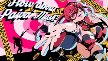 1girl all-out_attack bare_shoulders black_pantyhose bleeding blood breasts capelet chest_jewel cleavage coin cowboy_shot edoya_inuhachi eye_mask heart heterochromia highres holding holding_heart hololive houshou_marine how_about_paipai_mask?_(houshou_marine) large_breasts leotard long_hair mask pantyhose parody persona persona_5 red_capelet red_eyes red_hair red_leotard solo_focus strapless strapless_leotard twintails virtual_youtuber yellow_eyes