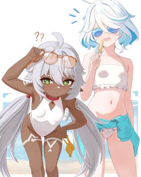2girls ? ahoge bikini blue_hair breasts commentary dark-skinned_female dark_skin food furina_(genshin_impact) genshin_impact green_eyes highres iansan_(genshin_impact) long_hair mockingeu multicolored_hair multiple_girls navel one-piece_swimsuit pointy_ears small_breasts sunglasses swimsuit symbol-only_commentary tinted_eyewear white_hair