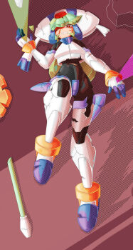 1girl absurdres armor black_bodysuit blood blood_on_face bodysuit broken_armor broken_staff crotch_plate defeat forehead_jewel green_hair helmet highres long_hair lying mega_man_(series) mega_man_zx model_w_(mega_man) on_back one_eye_closed pandora_(mega_man) red_eyes sf2250 solo staff torn_bodysuit torn_clothes white_armor white_helmet