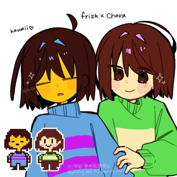 2others ahoge blue_sweater bob_cut brown_eyes brown_hair chara_(undertale) character_name closed_eyes closed_mouth commentary_request dande_lion2604 dot_nose eyes_visible_through_hair frisk_(undertale) green_sweater hair_between_eyes hair_intakes hand_on_another&#039;s_arm heart highres looking_at_another multiple_others no_sclera official_art_inset open_mouth other_focus pink_sweater pixel_art_inset short_hair simple_background smile sparkle striped_clothes striped_sweater sweater swept_bangs turtleneck turtleneck_sweater twitter_username two-tone_sweater undertale upper_body utdr_(toby_fox) watermark white_background yellow_sweater