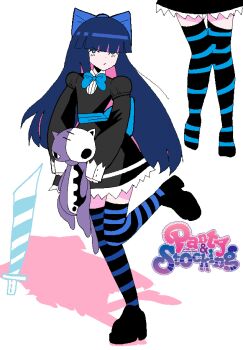 1girl absurdres back_bow black_dress black_shoes black_thighhighs blue_bow blue_bowtie blue_eyes blue_hair blunt_bangs blush_stickers bow bowtie chewchewer colored_inner_hair commentary copyright_name doll dress english_commentary full_body gothic_lolita hair_bow highres holding holding_doll honekoneko_(psg) lolita_fashion long_hair long_sleeves looking_at_viewer lower_body multicolored_hair multiple_views panty_&amp;_stocking_with_garterbelt pink_hair shoes simple_background standing standing_on_one_leg stocking_(psg) streaked_hair striped_clothes striped_thighhighs stuffed_animal stuffed_cat stuffed_toy sword thighhighs weapon white_background zettai_ryouiki