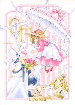 1boy 1girl absurdres apron blue_eyes blue_hair bouquet brown_eyes brown_hair chiori_n cloak colored_pencil_(medium) commentary_request dress eye_contact flower hat highres key lock looking_at_another original padlock parasol pocket_watch traditional_media tulip umbrella watch