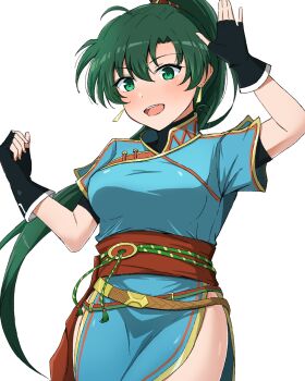 1girl black_gloves blue_dress china_dress chinese_clothes commentary_request dress earrings fingerless_gloves fire_emblem fire_emblem:_the_blazing_blade gloves gold_trim green_eyes green_hair highres jewelry long_hair looking_at_viewer lyn_(fire_emblem) nintendo open_mouth pelvic_curtain ponytail sash short_sleeves simple_background smile solo teeth upper_teeth_only vankin very_long_hair white_background