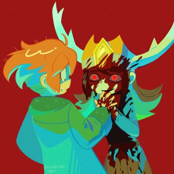 1boy 1girl abaddon_(haunted_hotel) blood blood_on_clothes blood_on_face blood_on_hands blue_coat brown_hair coat commentary_request constricted_pupils cowboy_shot crown esther_freeling fake_horns green_coat haunted_hotel hbm_3456 highres holding_hands horned_headwear horns korean_commentary long_hair orange_eyes orange_hair red_background red_eyes short_hair simple_background undercut