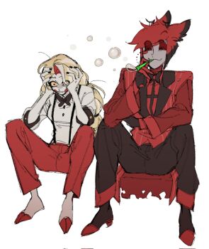 1boy 1girl alastor_(hazbin_hotel) barefoot black_hair blonde_hair blowing_bubbles charlie_morningstar colored_sclera commentary formal_clothes hands_on_own_head hazbin_hotel hellaverse highres hooves jd0cu long_hair multicolored_hair red_eyes red_hair red_sclera short_hair simple_background sitting soap_bubbles suspenders symbol-only_commentary white_background yellow_sclera