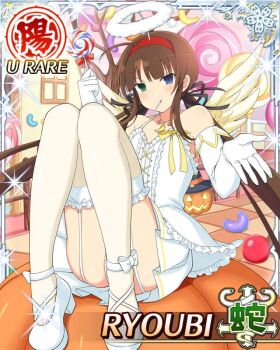 1girl ahoge angel angel_wings annoyed ass black_ribbon blue_eyes brown_hair candy card_(medium) character_name closed_mouth dress elbow_gloves fake_halo fake_wings feathered_wings flat_chest food game_cg gloves green_eyes hair_ribbon hairband halloween halloween_costume halo heterochromia holding holding_candy holding_food holding_lollipop jack-o'-lantern knees_up leaning_back light_frown lollipop lollipop_in_mouth long_hair looking_at_viewer low_twintails official_art outstretched_hand panties panty_peek red_hairband ribbon ryoubi_(senran_kagura) senran_kagura senran_kagura_new_wave shoes sitting solo swirl_lollipop thigh_strap third-party_source traditional_halo twintails underwear very_long_hair white_dress white_gloves white_shoes wings