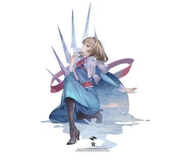 Rule 34 | 1girl, alice margatroid, belt, black boots, blonde hair, blue dress, blue eyes, boots, capelet, closed mouth, commentary, dress, from side, full body, hairband, hand up, high heels, highres, long sleeves, looking at viewer, neck ribbon, on one knee, pink ribbon, red belt, red hairband, reeh (yukuri130), ribbon, short hair, simple background, solo, touhou, touhou hisoutensoku, weapon, white background, white capelet