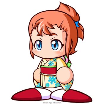 1girl artist_request blue_eyes commentary_request copyright_notice folded_ponytail japanese_clothes jikkyou_powerful_pro_yakyuu jikkyou_powerful_pro_yakyuu_(style) kimono kogarashi_ryou multicolored_shoes no_mouth official_art orange_hair power_pro_appli rayman_limbs red_shoes shoes snowflake_print solo two-tone_shoes white_background white_shoes yellow_kimono