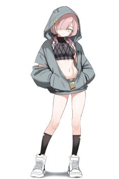 Rule 34 | 1girl, absurdres, black shirt, black socks, breasts, character request, commentary request, crop top, full body, girls' frontline, girls' frontline 2: exilium, grey jacket, hair over one eye, hands in pockets, highres, hood, hood up, hooded jacket, jacket, kneehighs, long hair, long sleeves, looking at viewer, medium breasts, midriff, navel, pink hair, shenqi xiaohuang, shirt, shoes, sleeveless, sleeveless shirt, socks, solo, stomach, thighs, white shoes, yellow eyes