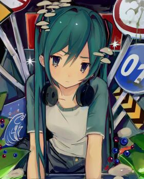 1girl blue_eyes commentary crying denim hair_ornament hashtag-only_commentary hatsune_miku headphones headphones_around_neck highres jeans leaf long_hair looking_at_viewer mushroom_on_head pants raglan_sleeves road_sign shirt short_sleeves sign solo t-shirt tears twintails vocaloid zalupk228