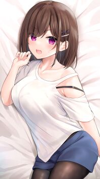 1girl absurdres armpit_crease black_pantyhose blush bra_strap breasts brown_hair childhood_friend-chan_(ramchi) collarbone hair_ornament hairclip highres large_breasts lying medium_hair on_side open_mouth original pantyhose purple_eyes ramchi see-through_clothes see-through_shirt shirt short_sleeves straight_hair strap_slip sweat swept_bangs underwear white_shirt x_hair_ornament