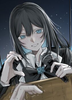 1girl 1other ado_(utaite) aegyo_sal black_bow black_bowtie black_hair blue_eyes blush bow bowtie chando_(ado) collared_shirt commentary hair_between_eyes half-heart_hands highres holding holding_microphone long_hair looking_at_viewer microphone mole mole_under_eye nervous_sweating open_mouth pipipi_co_co pov shirt sweat white_shirt yodaka_(ado)