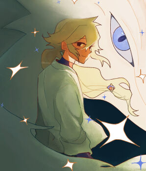 1boy black_background black_eyes black_shirt blue_eyes dragon from_side gen_5_pokemon green_hair hair_between_eyes highres jacket legendary_pokemon light_smile long_hair long_sleeves looking_at_viewer male_focus n_(pokemon) nintendo pokemon pokemon_(creature) pokemon_bw pokemon_focus ponytail reshiram rocksama24 shirt sidelocks star_(symbol) turtleneck white_dragon white_jacket