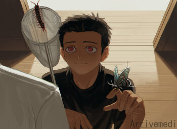 Rule 34 | 2boys, aged down, artist name, asteris-kitsy, black hair, black shirt, bug, butterfly, butterfly net, butterfly on hand, centipede, commentary, english commentary, father and son, hand net, highres, indoors, insect, kagurabachi, looking at another, male focus, multiple boys, red eyes, rokuhira chihiro, rokuhira kunishige, shirt, upper body