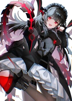 Rule 34 | 1girl, arthropod girl, black boots, black dress, black hair, black headdress, boots, breasts, brown pantyhose, colored inner hair, commentary request, dress, fang, high heel boots, high heels, highres, leg up, long hair, long sleeves, looking at viewer, maid headdress, multicolored hair, open mouth, original, pantyhose, red eyes, red hair, red nails, sakizaki saki-p, scorpion girl, scorpion tail, skin fang, smile, tail, very long hair, watermark