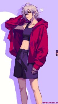 2girls abs ahoge alternate_costume blush boxing_shorts commentary dana_zane english_commentary heart highres hood hooded_jacket jacket jill_stingray looking_at_viewer mechanical_arms multiple_girls purple_background purple_eyes purple_hair red_eyes shadow shorts single_mechanical_arm sports_bra va-11_hall-a white_background white_hair wmmzkl yuri