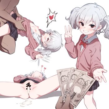 1boy 1girl 318-chan banknote bow censored commission cum cum_in_pussy dark_skin grey_hair heart hetero highres holding holding_money hudeako loli money nipples original prostitution red_bow sex shirt simple_background skeb_commission skirt twintails white_background