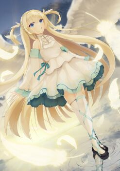 1girl a-pose absurdres angel angel_wings aqua_ribbon backlighting bare_shoulders black_shoes blonde_hair blue_bow blue_eyes blunt_ends blurry bow commentary_request crossed_bangs day depth_of_field detached_sleeves dress dress_bow dutch_angle eyelashes eyes_visible_through_hair falling_feathers feathers floating_hair full_body glowing_feather hair_between_eyes hair_ornament highres leg_ribbon legs_together long_hair long_sleeves looking_at_viewer obsidiaki open_mouth outdoors partial_commentary pump ribbon ripples shirayuki_noa shoes short_dress sidelocks sleeveless sleeveless_dress solo standing standing_on_liquid straight_hair tenshi_souzou_re-boot! thighhighs tsurime two_side_up very_long_hair water white_dress white_ribbon white_wings wide_sleeves wing_hair_ornament wings zettai_ryouiki