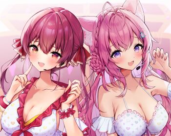 2girls :d absurdres animal_ear_fluff animal_ears antenna_hair bikini braid braided_bun breasts claw_pose cleavage commentary_request crossed_bangs crown_braid double-parted_bangs fangs fingernails frilled_bikini frills front-tie_bikini_top front-tie_top hair_between_eyes hair_bun hair_ribbon hakui_koyori halterneck hands_up headset heterochromia hexagon_hair_ornament highres hololive hololive_fantasy hololive_summer_2022_swimsuit houshou_marine large_breasts long_hair looking_at_viewer multiple_girls neru5 official_alternate_costume open_mouth pink_hair purple_eyes red_eyes red_hair red_ribbon ribbon scrunchie sidelocks simple_background smile strap_lift swimsuit twintails virtual_youtuber white_background white_bikini wolf_ears wolf_girl wrist_scrunchie yellow_eyes
