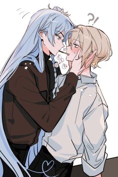 !? 2boys absurdres blonde_hair blue_eyes blue_hair blush braid collared_shirt eichi_turnr ensemble_stars! eye_contact fingernails food food_in_mouth from_side hand_on_another&#039;s_face heart hibiki_wataru highres korean_text long_hair looking_at_another multiple_boys nervous_sweating open_mouth pocky pocky_in_mouth purple_eyes shirt short_hair simple_background sweat teeth tenshouin_eichi translation_request upper_teeth_only white_background white_shirt yaoi