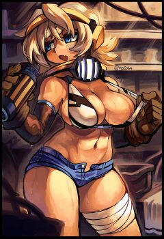 1girl absurdres adjusting_bra adjusting_clothes aqua_eyes aqua_trim artist_name bandage_on_thigh bare_legs bare_shoulders black_gloves black_sleeves blonde_hair blue_shorts bob_cut bottle box bra breasts chair ciel_dragbucket cleavage cloth commission cosmic_break cowboy_shot denim denim_shorts detached_sleeves fang flipped_hair gloves half-closed_eyes hands_up headphones highres holding holding_bottle hot indoors long_sleeves looking_back medium_breasts micro_shorts mogy64 open_fly open_mouth outline revealing_clothes second-party_source shelf shorts sidelighting solo standing sweat table thighs toned toned_female two-tone_bra underwear wet wire