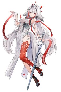 1girl animal_ears bare_shoulders breasts china_dress chinese_clothes commentary_request dress full_body high_heels highres large_breasts long_hair looking_at_viewer multicolored_hair natsume_eri pelvic_curtain red_eyes red_hair see-through_cleavage see-through_clothes side_slit smile solo streaked_hair sword tail weapon white_dress white_hair ye_shunguang zenless_zone_zero