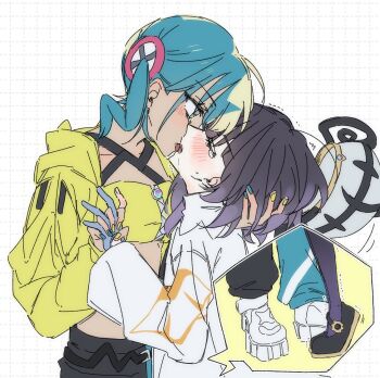 2girls aqua_hair aqua_nails aqua_pants bandana bandeau black_hair black_pants black_shoes blonde_hair blue_gloves blush breasts canari_(pokemon) collarbone commentary_request dark-skinned_female dark_skin fingernails french_kiss gloves gwynn_(pokemon) holding_hands interlocked_fingers jacket kiss medium_breasts multicolored_hair multicolored_nails multiple_girls nintendo pants pokemon pokemon_legends:_z-a sakizome1001 saliva shoes standing tears tongue tongue_out twintails two-tone_hair two-tone_pants white_jacket white_shoes yellow_bandana yellow_bandeau yellow_jacket yellow_nails yuri