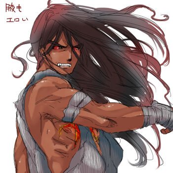 Rule 34 | 1boy, alternate color, alternate costume, alternate hair color, angry, bandages, black sclera, capcom, colored sclera, dark skin, evil ryu, fangs, floating hair, hole in chest, hole on body, long hair, looking at viewer, male focus, muscular, red eyes, ryu (street fighter), simple background, solo, street fighter, street fighter iv (series), teeth, thick eyebrows, torimeiro, translation request, white background