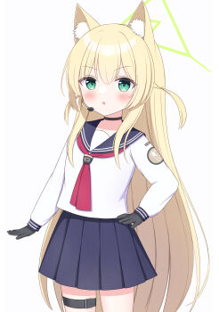 1girl animal_ear_fluff animal_ears black_choker black_gloves black_sailor_collar black_skirt blonde_hair blue_archive blush choker commentary cowboy_shot eyes_visible_through_hair fox_ears fox_girl gloves green_eyes green_halo hair_between_eyes halo hand_on_own_hip headset highres kurumi_(blue_archive) long_hair long_sleeves looking_at_viewer miniskirt neckerchief nimonomono pleated_skirt red_neckerchief sailor_collar sailor_shirt school_uniform serafuku shirt sidelocks simple_background skirt solo straight_hair thigh_strap triangle_halo tsurime two_side_up very_long_hair white_background white_shirt