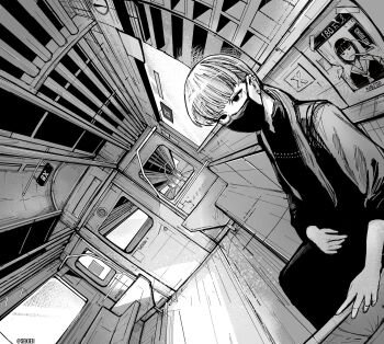 1girl armrest artist_name black_eyes blunt_bangs choujin_x commentary dutch_angle earclip earrings fisheye greyscale highres jewelry looking_at_viewer low_ponytail mask monochrome mouth_mask no_pupils perspective ponytail ririka_umezawa seki_31_(artist) sitting solo surgical_mask train_interior turning_head