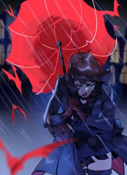 Rule 34 | 1girl, blood, blood on mouth, deadlock (game), gloves, highres, jacket, mina (deadlock), nips (ohnips), rain, red gloves, red umbrella, umbrella, vampire, wind