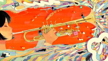 1girl abstract absurdres check_commentary closed_eyes colorful commentary commentary_request distortion highres holding holding_instrument holding_trombone instrument music original playing_instrument short_hair surreal symbolism trombone what ziora