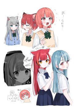 Rule 34 | 5girls, :>, akami karubi, animal ears, blue bow, blue bowtie, blue eyes, blue skirt, bow, bowtie, cat ears, crazy raccoon, eyebrows hidden by hair, green bow, green bowtie, grey hair, hanada ten, highres, indie virtual youtuber, multicolored hair, multiple girls, nachoneko, nekota tsuna, orange eyes, orange hair, red hair, school uniform, shiranami ramune, sketch, skirt, two-tone hair, vest, virtual youtuber, vspo!, white background, yumeno akari