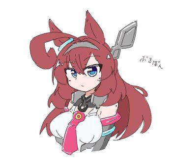 1girl ahoge animal_ears blue_eyes blush breasts brown_hair closed_mouth commentary_request ear_ornament grey_hairband grey_leotard hair_between_eyes hair_ornament hairband horse_ears horse_girl horseshoe_ornament large_breasts leotard long_hair looking_at_viewer mihono_bourbon_(mb-19890425)_(umamusume) mihono_bourbon_(umamusume) necktie pink_necktie shirt shun_s86 silver_hairband solo umamusume white_leotard