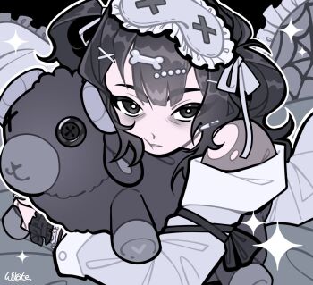 bags_under_eyes beads black_background black_bow black_eyes black_hair black_jacket black_wrist_cuffs blunt_bangs bodysuit bodysuit_under_clothes bone_hair_ornament bow bright_pupils buttons cheek_squash collared_jacket commission expressionless eyes_visible_through_hair frilled_wrist_cuffs frills grey_bodysuit grey_mask grey_ribbon grey_skirt grey_sleeves grey_theme hair_beads hair_ornament hair_ribbon hairclip highres holding holding_staff hugging_object jacket long_hair long_sleeves lying mask mask_on_head on_bed on_stomach original outline parted_lips pleated_skirt ribbon sidelocks silk skirt sleep_mask sleeve_cuffs sparkle spider_web staff stuffed_animal stuffed_sheep stuffed_toy torn_bodysuit torn_clothes two-tone_skirt two_side_up white_outline white_pupils white_skirt wikate wrist_bow wrist_cuffs x_hair_ornament