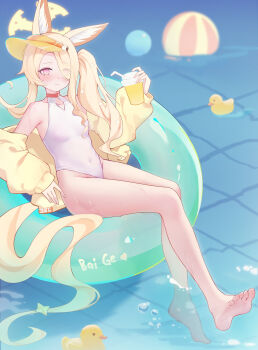 1girl absurdres animal_ears baige_chen ball barefoot beachball blonde_hair blue_archive breasts chinese_commentary choker commentary_request cup drinking_straw feet fox_ears full_body gradient_hair hair_over_one_eye halo highres holding holding_cup inflatable_raft innertube jacket legs long_hair looking_at_viewer multicolored_hair one-piece_swimsuit pink_eyes ponytail pool rubber_duck seia_(blue_archive) seia_(swimsuit)_(blue_archive) side_ponytail sitting small_breasts smile soles solo swim_ring swimsuit toes very_long_hair visor_cap water wavy_hair white_one-piece_swimsuit yellow_jacket