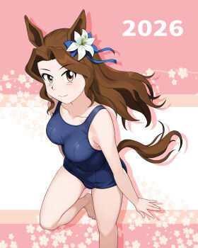 1girl 2026 animal_ears blue_one-piece_swimsuit breasts brown_eyes brown_hair feet_out_of_frame highres horse_ears horse_girl horse_tail kemonomimi_mode long_hair medium_breasts mizutani_yurika neopure old_school_swimsuit one-piece_swimsuit school_swimsuit solo swimsuit tail true_love_story umamusume