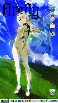 1girl arrow_(symbol) black_hairband blue_pupils blue_sky bodysuit cloud firefly_(ar-26710)_(honkai:_star_rail) firefly_(honkai:_star_rail) full_body gradient_eyes gradient_hair grass grey_bodysuit grey_hair hair_intakes hairband hashtag-only_commentary highres honkai:_star_rail honkai_(series) internet_explorer mecha_pilot_suit microsoft microsoft_windows monitor multicolored_eyes multicolored_hair official_alternate_costume recycle_bin recycling_symbol riryachi sam_(honkai:_star_rail) sky two-tone_eyes