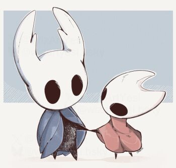Rule 34 | 1girl, 1other, aged down, arthropod girl, black eyes, black skin, cloak, colored skin, commentary, english commentary, full body, grey cloak, half-siblings, holding hands, hollow eyes, hollow knight, hollow knight: silksong, horned mask, hornet (hollow knight), horns, knight (hollow knight), looking at another, mask, red cloak, standing, white mask, wizartyesi