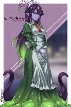 1girl absurdres apron black_sclera blue_archive breasts character_name colored_sclera colored_skin commentary f0rum7v frills full_body gloves gradient_hair green_eyes green_hair hair_between_eyes halo highres juliet_sleeves long_hair long_sleeves maid maid_apron maid_headdress medium_breasts monster_girl multicolored_hair necktie own_hands_together pan-chan_(blue_archive) personification pointy_ears puffy_sleeves purple_hair purple_skin red_necktie russian_commentary slime_girl slime_hair slit_pupils smile solo tentacles white_gloves