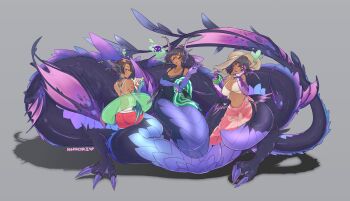 Rule 34 | blue scales, buoy, claws, conjoined, dark skin, fins, hat, head fins, hhhori, highres, hydra, monster girl, multiple heads, original, purple scales, sarong, scales, sunglasses, swimsuit, taur, triplets